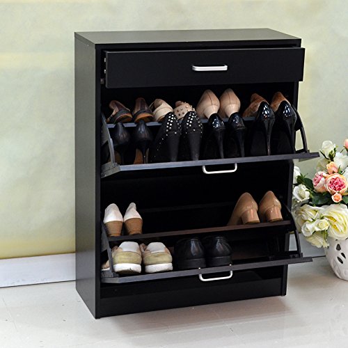 GLS Black Modern Shoe with Doors Wooden Rack Chest for Entryway