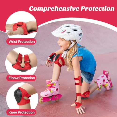 Image of CKE Knee Pads for Kids Kneepads and Elbow Pads Toddler Protective Gear Set Kids Elbow Pads and Knee Pads for Girls Boys with Wrist Guards 3 in 1 for Skating Cycling Bike Rollerblading Scooter. | 3-in-1 knee pads for kids with wrist guards. Kids knee pads and elbow pads for skating, cycling, rollerblading and scooters