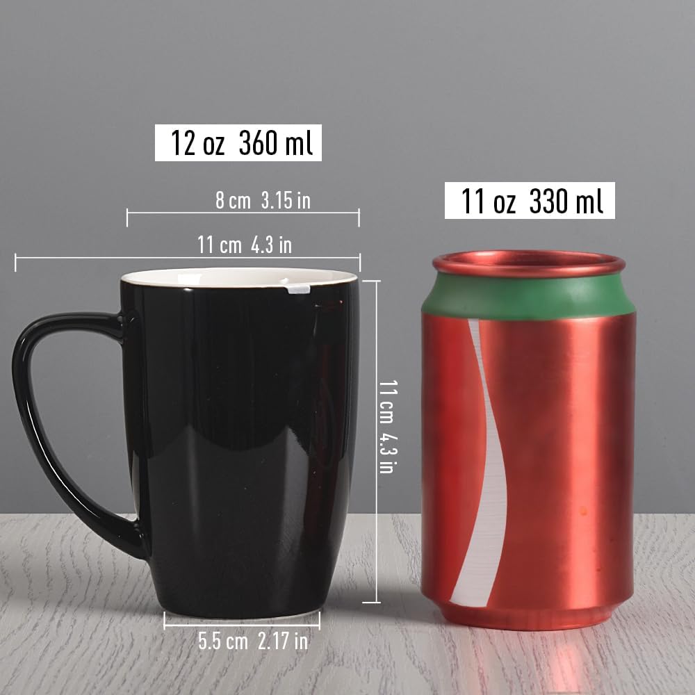 homEdge Porcelain Mug Set, 12 Ounces Cup for Tea, Latte, Mocha, Hot Chocolate, Set of 6, Black