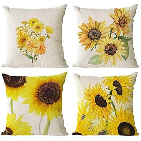 YeeJu Set of 4 Sunflower Decorative Throw Pillow Covers Square Cotton Linen Summer Cushion Covers Floral Plant Outdoor Couch Sofa Home Pillow Cases 12x12 Inch Cover
