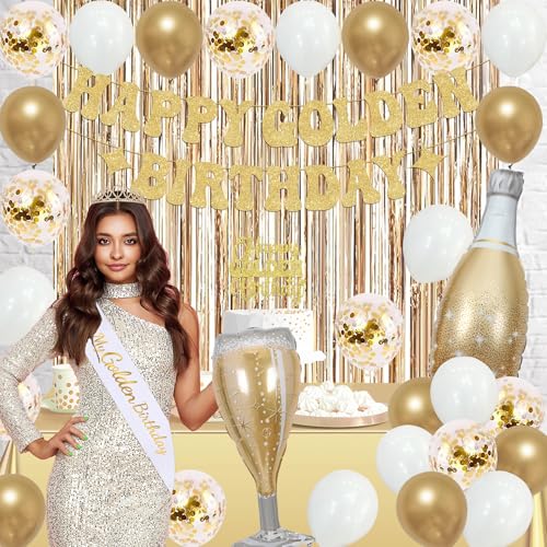 Image of Trgowaul It's My Golden Birthday Decorations for Women Girls, Banner, Sash and Crown, Cake Topper, Latex Balloons Fringe Curtains, Champagne Gold Happy Birthday Party Supplies