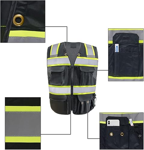 Miniatura 3 de Chaleco de seguridad Rayas reflectantes Seguridad Chaleco de punto negro Construcción brillante Ropa de trabajo con para hombres con 5 bolsillos