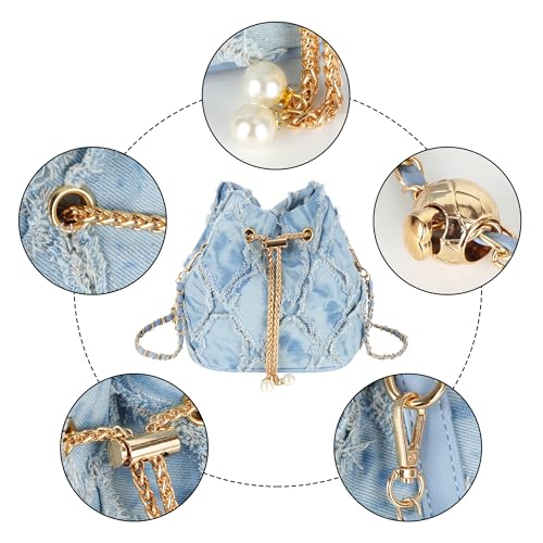 Image of Women Denim Mini Bucket Shoulder Crossbody Bag Drawstring Quilted Distressed Tassel Barrel Shape Satchel Purse
