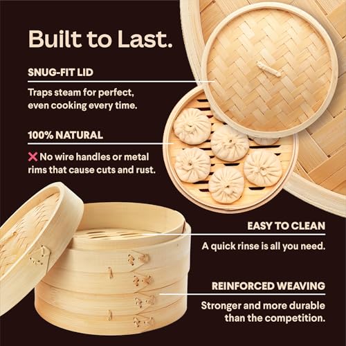 Cooking Gift Set Co. Bamboo Steamer Basket Soup Dumpling Kit - 2 Tier 8-Inch Dumpling Steamer for Cooking with Agar Agar, Roller, Spoon, Liners, Recipes & Step-by-Step Video (6-Piece Set)