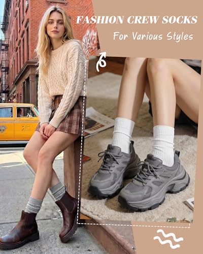 Image of YSense Women's Cotton Crew Socks 6 Pairs, Long Cute Aesthetic Neutral Athletic Boot Socks for Women Stocking Stuffers Gifts