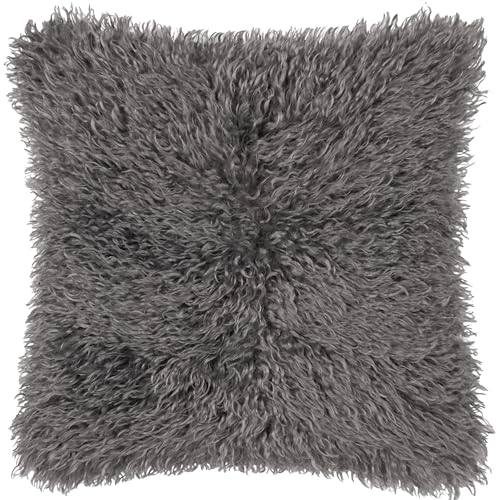 furn. Rowan Cushion Cover – Soft Faux Fur Mongolian Style Decorative Cushion with Velvet Reverse (Grey - 50x50cm)