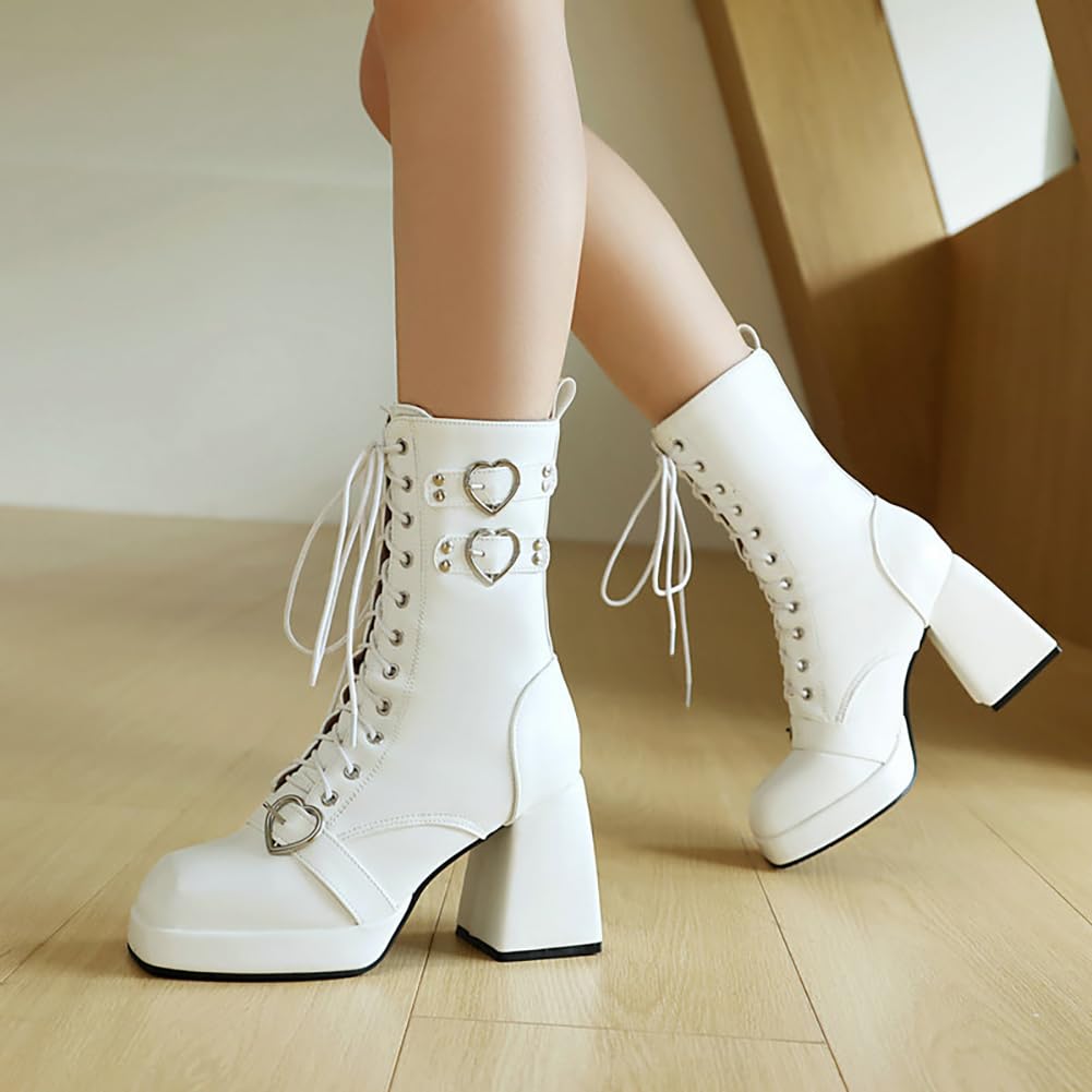 Gótico Botas Militares con Tacón Ancho para Mujer Plataforma Punk Botines Botas con Cordones Punta Cuadrada