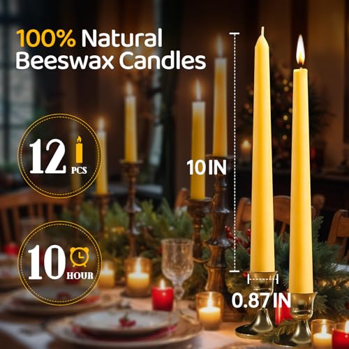 Image of 100% Natural Beeswax Candles,Dripless Taper Candle Sticks,10 Inch,12Pack | Non-Toxic,100% pure,9 H burn ,unscented,smokeless,dripless Tapered Candlesticks for home,dinner table,prayer,wedding,churche
