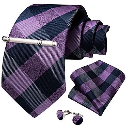 Image of DiBanGu Plaid Ties for Men Silk Checkered Necktie and Pocket Square Cufflinks Tie Clip Set with Gift Box for Wedding Business