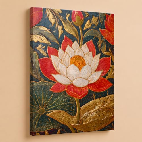 Image of PAINTINGMANTRA Traditional Indian Textured Embossed Lotus Canvas Wall Art Painting for wall decoration, Red & Gold Blooming Lotus Motifs Stretched Canvas Painting for living room, bedroom, Home and office, 16x22 Inch