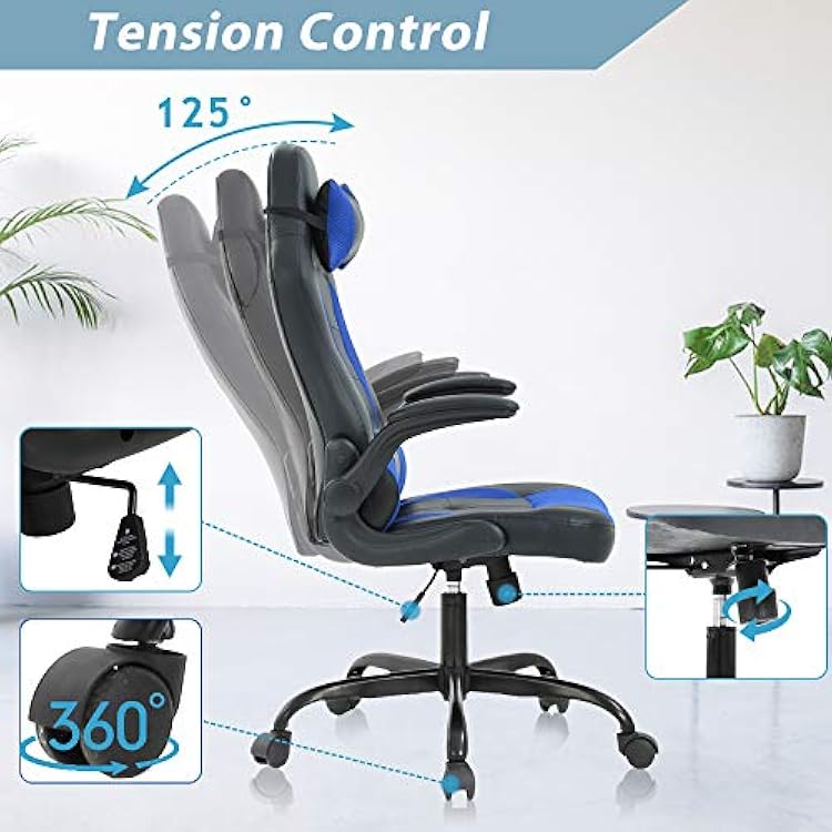 Gaming Chair, High Back Office Chair Ergonomic Desk Chair PC Racing Chair with Headrest Lumbar Support & Flip-up Arms PU Leather Computer Chair Adjustable Height Swivel Executive Chair,Blue