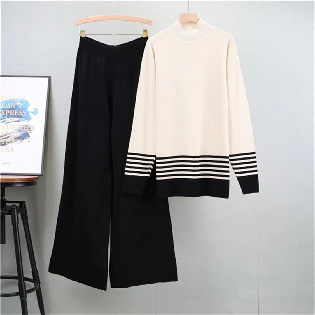Donne A Righe Maglia Pullover 2 Pezzi Set Mezza Collo Alto Maglione Top Abiti A Vita Alta Larghi Gamba Larga Pantaloni Della Tuta Ensemble, Nero , XL