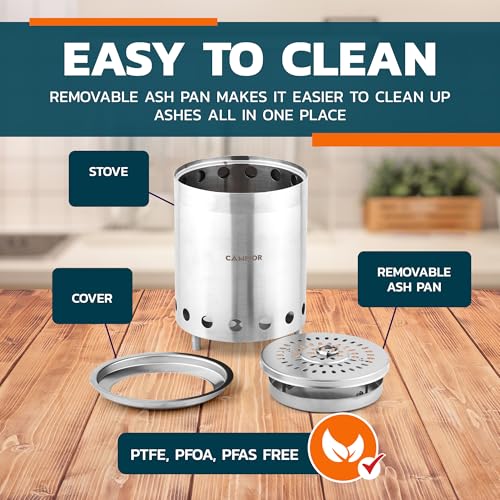 Campior Holzofen Feuerstelle- Rauchfreier Outdoor- Herd für effiziente Holzfeuer, Camping, Kochen und Gartenversammlungen, langlebig, Edelstahl mit abnehmbarem Ascheschale, Ständer und Tragetasche-4