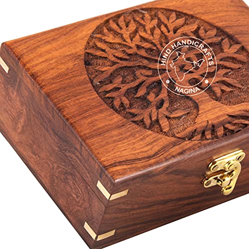 Image of Rosewood Handmade Wooden Urn Tree of Life Engraving Handcarved Jewellery Box for Women-Men Jewel | Home Decor Accents | Decorative Boxes | Storage & Organiser (7 inch x 5.5 inch x 3.5 inch, Tree - 2 Plane)
