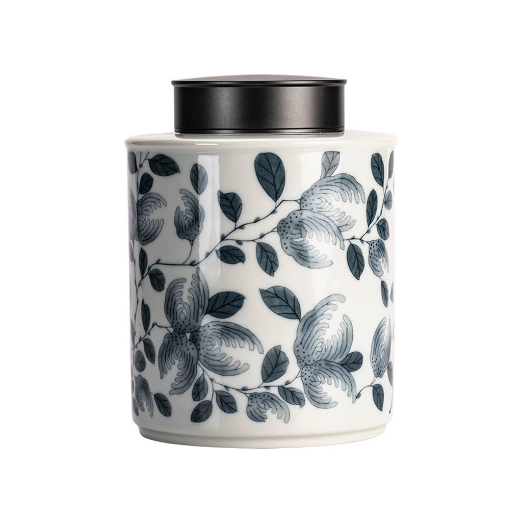 ENGENDER Tea Storage Jar Household Blue And White Ceramic Tea Can Ceremony Alloy Lid Sealed Storage