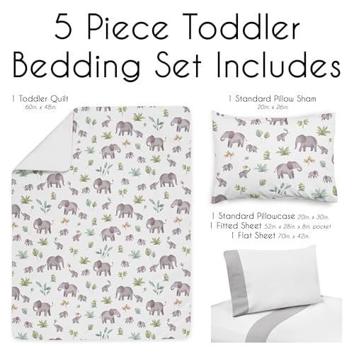 Image of Sweet Jojo Designs Watercolor Elephants Boy Girl Gender Neutral Toddler Bedding Set Kids 5p Bed in a Bag Comforter Blanket Pillowcase Sham Sheets Green Grey Jungle Safari Palm Trees Tropical Nature