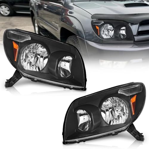 WEELMOTO Headlights for 2003 2004 2005 Toyota 4Runner Compatible with 03 04 05 Toyota 4Runner Limited SR5 Sport Halogen Headlight assembly Black Housing Amber Reflector L+R