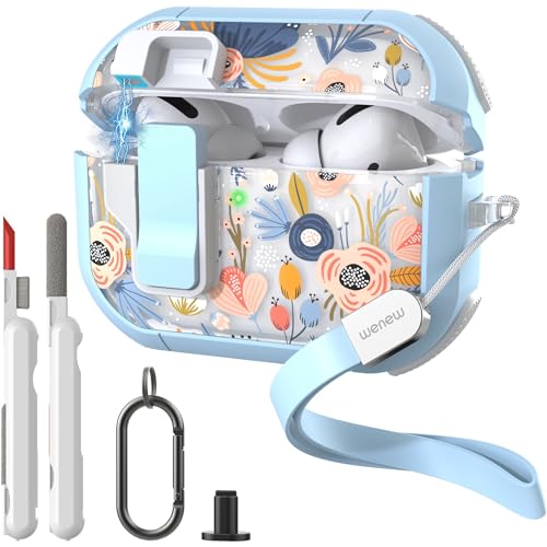 Image of Wenew Case for AirPods Pro & Pro 2 Case Cover Secure Lock Automatic Snap Switch Clip Cleaner Kit Lanyard Women Stylish Armor Full Body Hard Shell Front LED Visible (Blue, AirPods Pro & Pro 2)