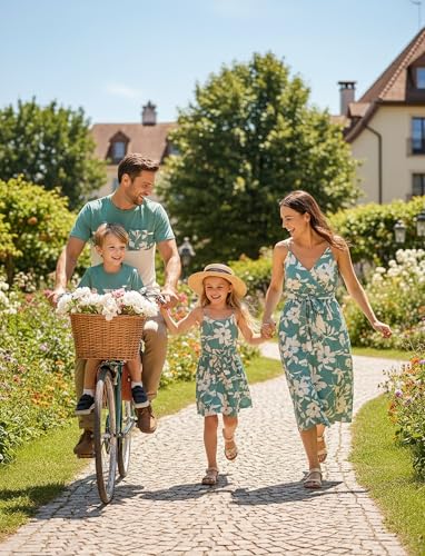 Image of PATPAT Family Matching Outfits Mommy and Me Dresses Hawaiian Tropical Vacation Beach Spaghetti Strap Dress and Shirt