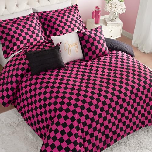 Image of Juicy Couture Reversible Checkerboard Comforter Set 6-Piece Full /Queen Set, Black /Hot Pink