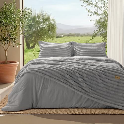 Image of Bedsure Gentlesoft 2-in-1 Queen Comforter Set and Detachable Fluffy Blanket, Grey Bedding Set for All Season Use, Detachable Design for Space Saving (Includes 2 Pillow Shams, 2 Pillowcases)