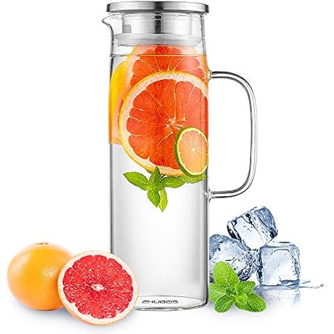Ehugos Glass Water Pitcher, 1300ml Glass Pitcher with Lid Juice Pitcher Water Carafe Jug for Hot/Cold Water, Ice Tea and Juice Beverage Cover
