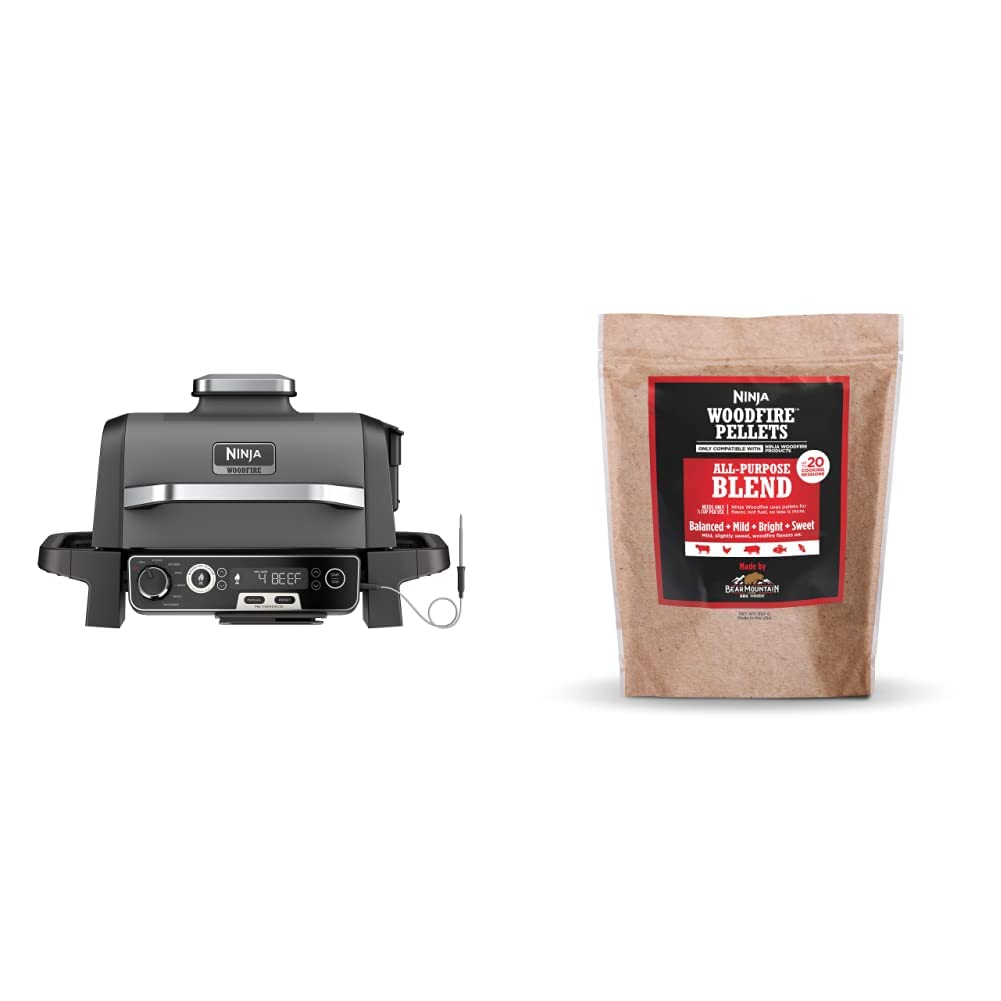 Ninja OG751 Woodfire Pro Outdoor Grill with Built-In Thermometer, 7-in-1 Master Grill,BBQ Smoker & Outdoor Air Fryer plus Bake, Roast, Dehydrate,& Broil, Woodfire Technology, with Robust Blend Pellets