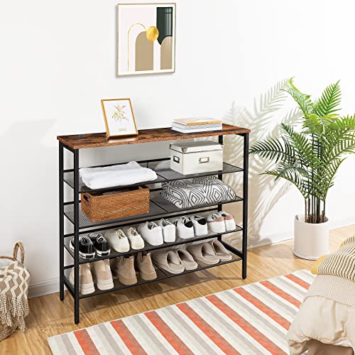 HOOBRO-Shoe-Rack-5-Tier-Shoe-Storage-Unit-Flat-Slant-Adjustable-Shoe-Organizer-Shelf-for-20-Pairs-Durable-and-Stable-for-Entryway-Hallway-Closet-Dorm-Room-Industrial-Rustic-Brown-BF101XJ01 HOOBRO Shoe Rack 5 Tier Shoe Storage Unit Flat Slant Adjustable Shoe Organizer Shelf for 20 Pairs Durable and Stable for Entryway Hallway Closet Dorm Room Industrial Rustic Brown BF101XJ01