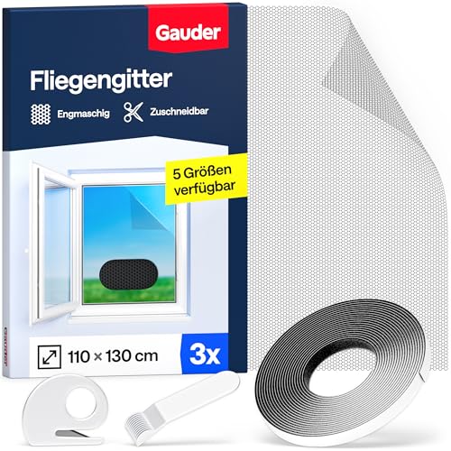 GAUDER Fliegengitter für Fenster - Insektenschutz ohne Bohren - Fliegengitter mit Klettband - Fliegennetz aus Polyester - Mückennetz & Moskitonetz für Fenster (3 Stück - 110 x 130 cm - schwarz)