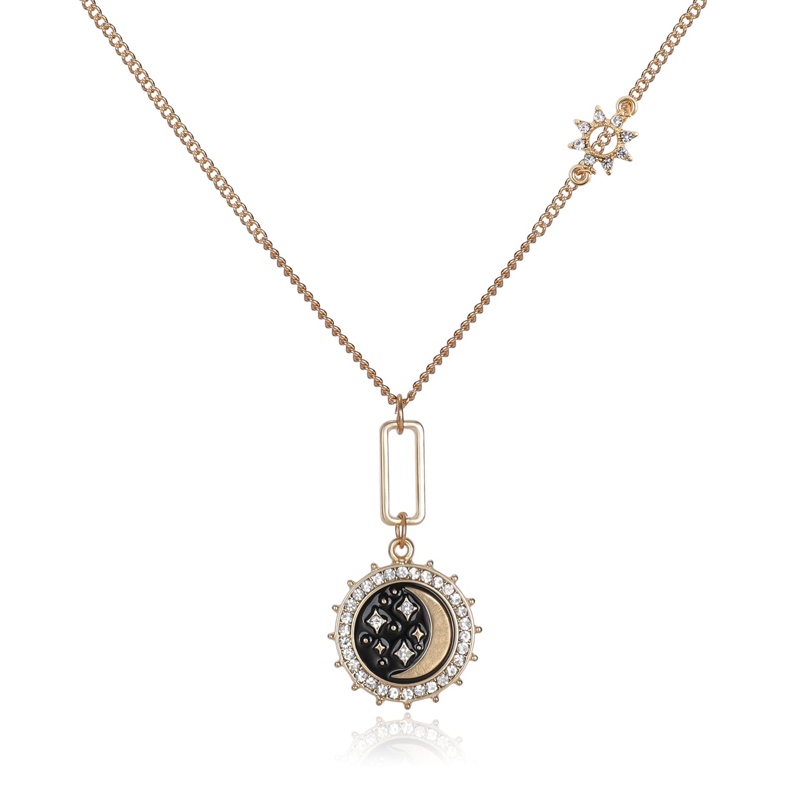 SuiswellIDEAJOY Black Dangle Gold Necklace, Moon Star Drop Necklaces for Women, Black with Gold Pendant Necklace for Women, Gold Plated, Created Opal