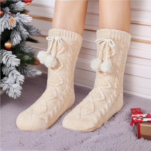 Image of Women Warm Slipper Socks with Grippers Winter Indoor Fleece Lining Fuzzy Socks