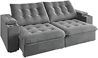 Sofá Retrátil e Reclinável 3 Lugares 2,30m com Porta Copos Veludo New Coliseu Cinza Selmer
