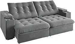 Sofá Retrátil e Reclinável 3 Lugares 2,30m com Porta Copos Veludo New Coliseu Cinza Selmer