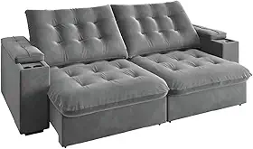 Sofá Retrátil e Reclinável 3 Lugares 2,30m com Porta Copos Veludo New Coliseu Cinza Selmer