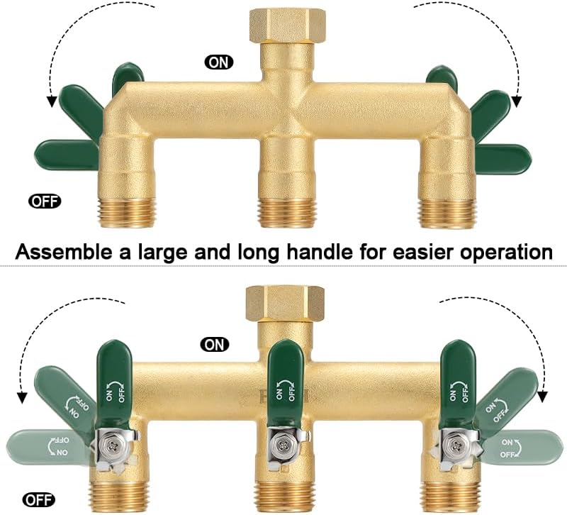 Miniatura 5 de EBH Divisor de manguera de jardín, colector de manguera de latón resistente de 3 vías de alto flujo con asas largas, adaptador de grifo de flujo