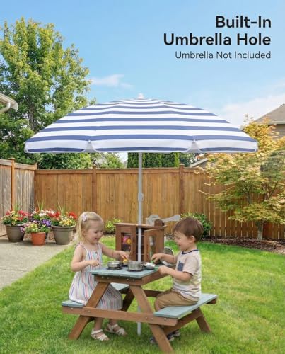 Image of Mud Kitchen for Kids Outdoor, Wooden Play Table with Hand Pump and Sink, Picnic Bench, Stainless Steel Cookware & Bucket, Backyard Sensory Play Kitchen for Toddlers Age 3+