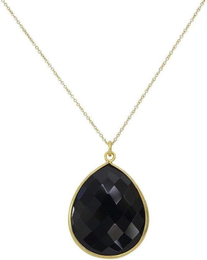 Black Onyx Teardrop Pendant Necklace, LaSoula Terra Collection, 24" Gold Chain.