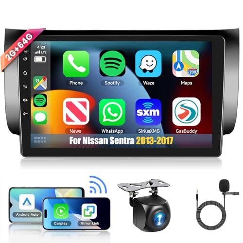 4Core+64G for Nissan Sentra 2013-2017 Car Radio with Wireless Carplay/Android Auto,Android Car Stereo 10.1 Inch Touch Screen GPS Navi WiFi Bluetooth FM/RDS Mirror Link SWC Backup Camera