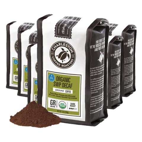 Charleston Coffee Roasters | Specialty Organic Ground Coffee | Hand Picked, Premium Slow Roast (SWP Decaf, Dark Roast) 12oz, Pack of 6 Cover