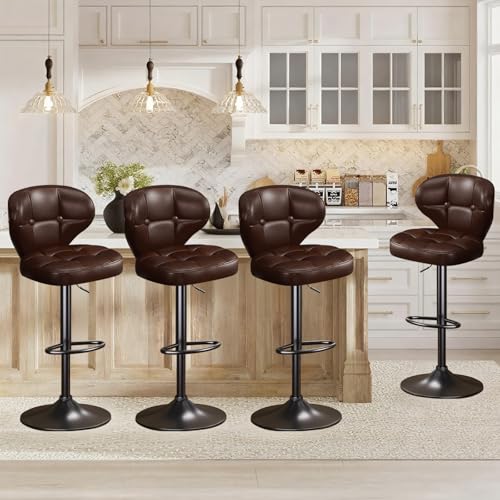 Image of Modern Bar Stools Set of 4, Adjustable Swivel Upholstered Full-Back Counter Height Bar Chairs for Kitchen Island, Dining Room, Bar Brown