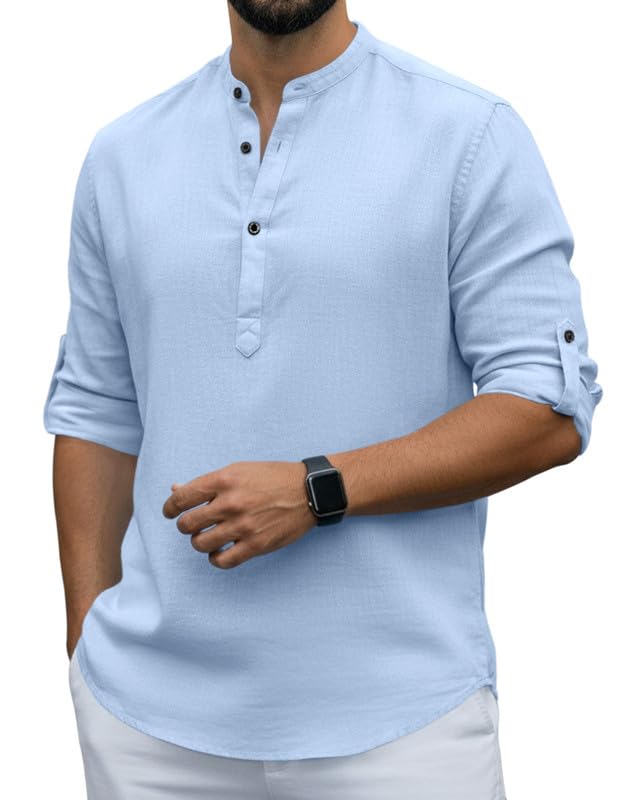 Men Cotton Blend Mandarin Collar Casual Kurta Shirt | Roll-Up Sleeves | Regular Fit Ethnic Short Kurta for Daily-picture-47