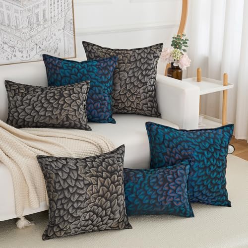Premium Series Feather Jacquard Throw Pillow Cover, Luxurious Velvet Cushion Case for Bohemian & Elegant Décor, Covers Only, Peacock Blue, 20x20 Inch - Image 6