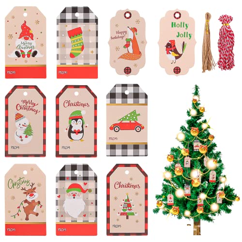 100 Piezas Etiquetas de Regalo, Árbol de Navidad Etiqueta, Etiquetas de Navidad, Papel Kraft,10 Estilos, con Hilo de Yute y Hilo Rojo y Blanco, para Decoración Navideña y Embalaje de Regalo (B) Cover