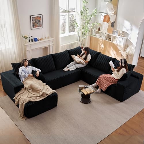 Image of Modern Modular Sectional Sofa, Big Comfy Corduroy Cloud Couch with Deep Seat, Boneless Couch Upholstered 6-Seater U-Shaped Sofa for Living Room, No Assembly Required (Black, Left-Facing Chaise)