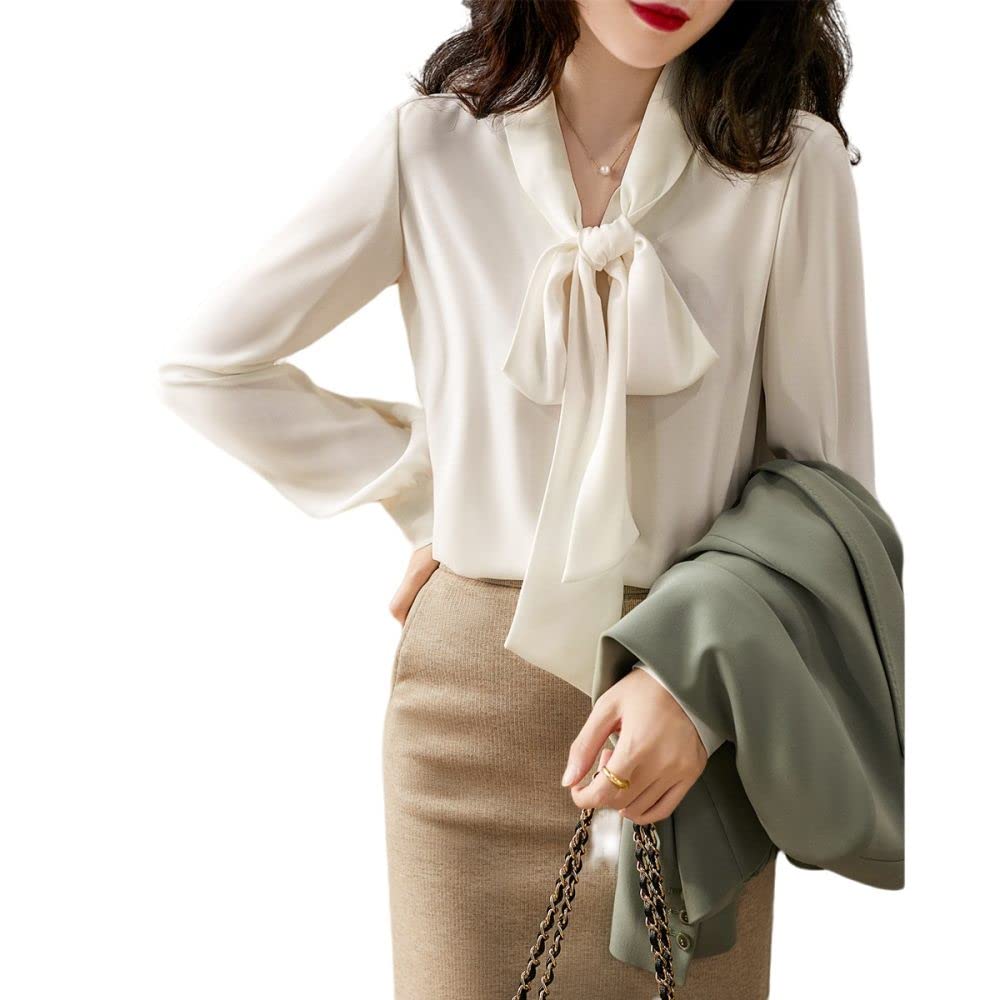MIDJ Damenhemden,Damen-Chiffon-Bluse Schleife Krawatte Vorne Lange Ärmel Button-Down-Shirt Komfort V-Ausschnitt Tunika-Tops Bluse Elegante Bürohemden Arbeitsbluse Für Mädchen Damen
