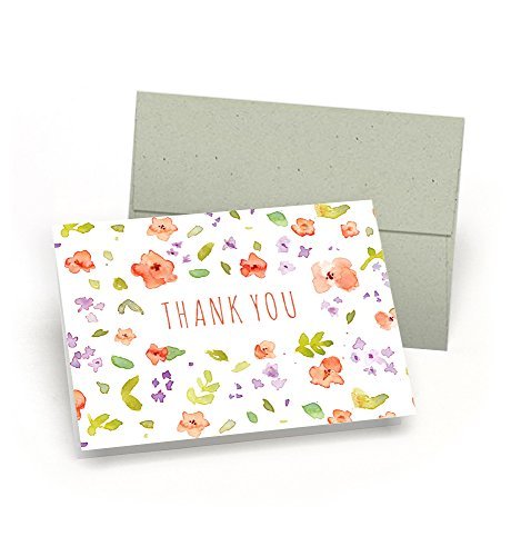 Set of Thank You Note Cards - Floral Watercolor Pattern (10 Cards + Sage Green Envelopes) - by Palmer Street Press
