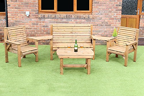 WOODEN GARDEN FURNITURE ANGLED COMPLETE SET COFFEE TABLE 1 BENCH 2 CHAIRS AND 2 DETATCHABLE TRAYS