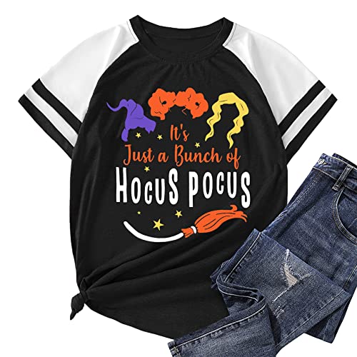 Womens Halloween Shirt Hocus Pocus Shirts Sanderson Witch Broom Graphic Tshirt Raglan Color Block Tops4