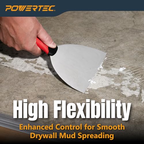 Image of POWERTEC 6-Inch Stainless Steel Drywall Joint Knife - Flexible Blade, Soft Grip, for Patching, Taping, Scraping (72173)