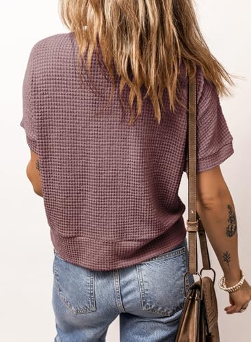 Image of Dokotoo Womens Summer Tops 2026 Waffle Knit Button Down Shirts Casual V Neck Short Sleeve Shacket Jacket Dressy Blouses